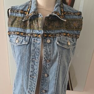 Bill Blass Blue Denim Vest with Patterned Trim